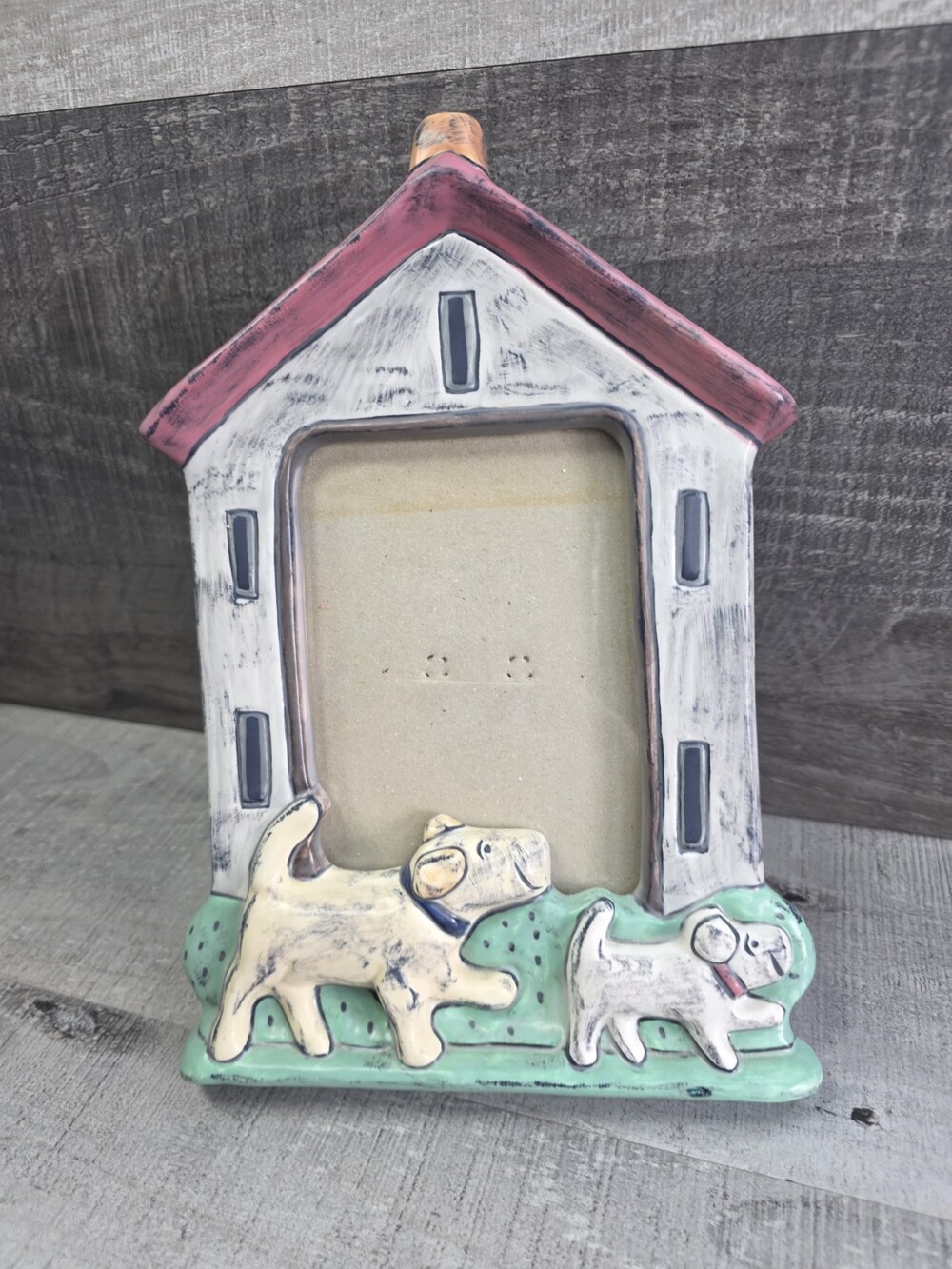 Dog Puppy Resin Picture Doghouse Frame 4"x6" Whimsical Primitive b20